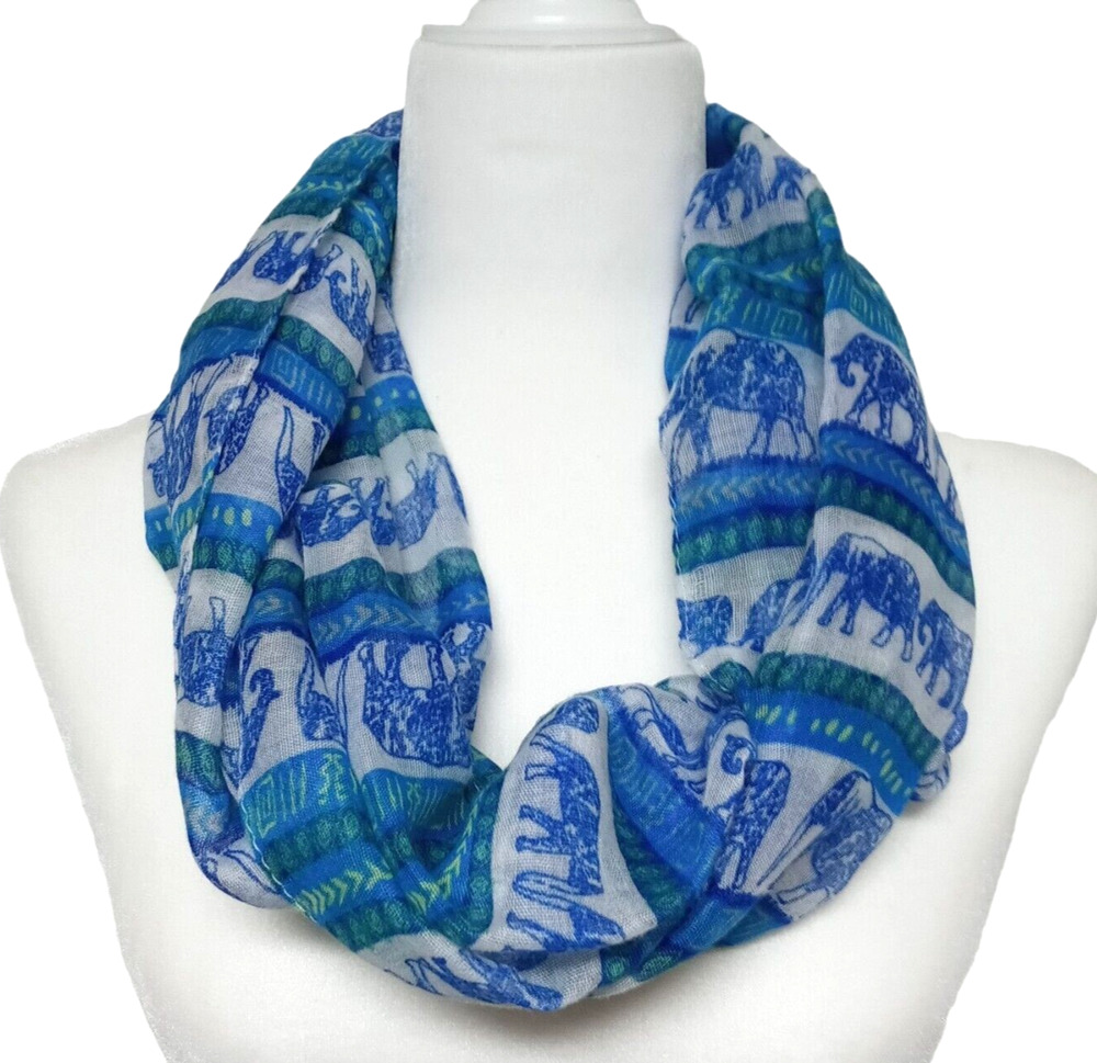 Womens Infinity Scarf Hijab Wrap Blue White Elephant Print Chevron Ikat 35x20